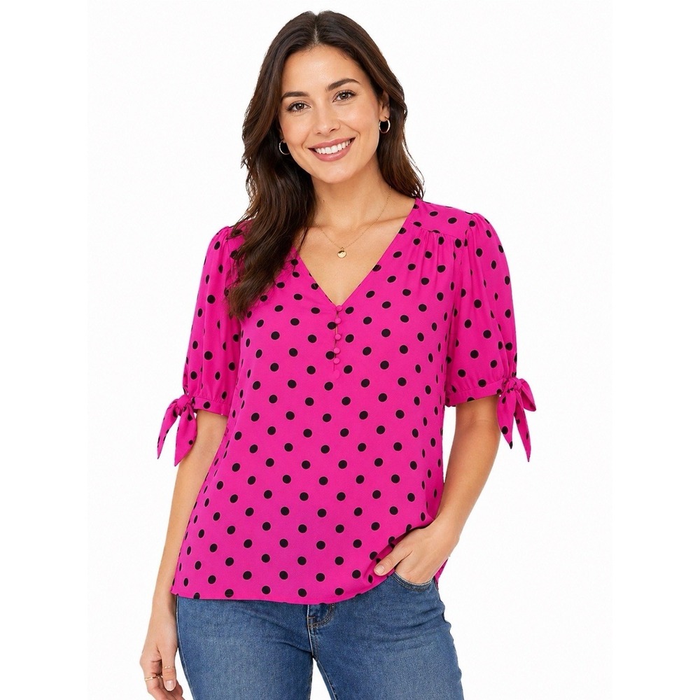 CeCe Womens Blouse XL Pink Polka Dot V-Neck Tie Sleeve Top